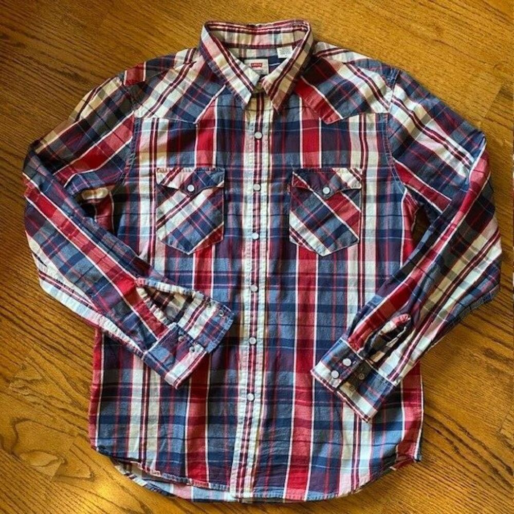 Levis Shirt Mens L Large Red White Blue Pearl Snap Workwear Ranch Rodeo Western